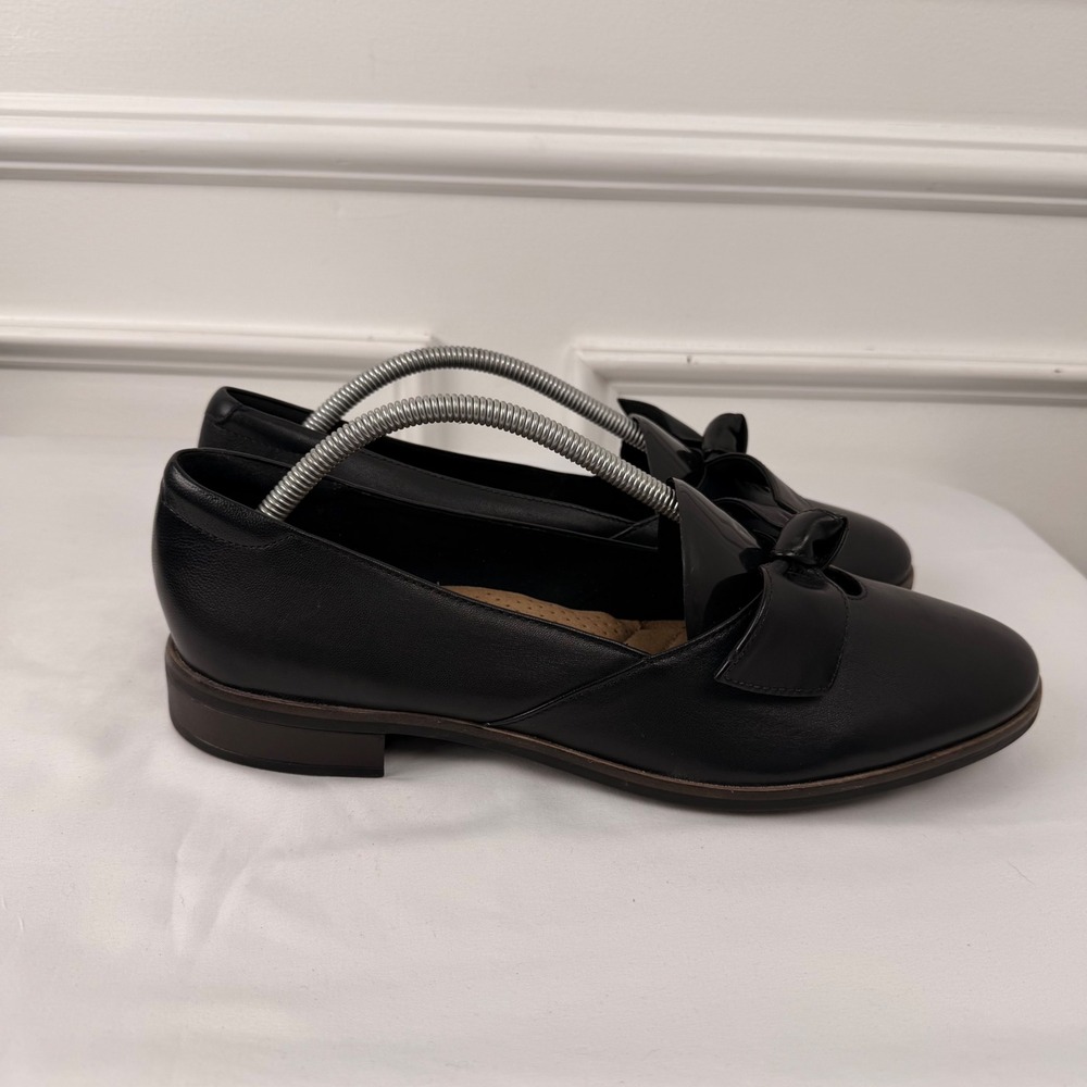 Clarks Trish Wave Black Leather Bow Loafers‎ Flats Womens 12W 261533095095 - Picture 2 of 8